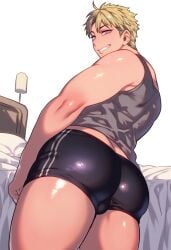 1boy ai_generated ass big_ass boxer_briefs ctst4r high_resolution highres hires inviting looking_back_at_viewer male male_focus male_only shiny_skin short_blonde_hair smooth_skin smug_expression smug_grun solo solo_male thick_legs thick_thighs underwear wide_hips