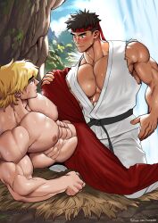 bandana bara blonde_hair capcom clothing gay ken_masters male male/male male_nipples male_only muscular_male nipples ryu_(street_fighter) street_fighter suyohara