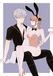 1boy 1girls aged_up alternate_costume bowtie bun_cover bunny_ears bunny_girl bunnysuit cake cleavage detached_collar double_bun female food gintama gintoki_sakata ginyuu hair_ornament kagura_(gintama) long_hair male orange_hair pale-skinned_female pale_skin playboy_bunny sitting sitting_on_lap sitting_on_person strawberry tray twintails