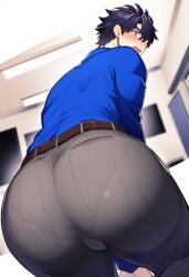 1boy ai_generated ass ass_focus back belt big_ass blue_shirt blush brown_belt bulge ctst4r eyebrows_visible_through_hair femboy grey_pants hair_between_eyes hi_res high_resolution highres looking_at_viewer looking_back male male_focus male_only open_mouth pants shirt solo solo_male squatting underwear