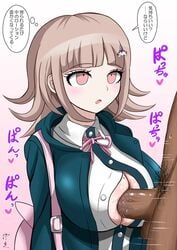 1boy 1girls big_breasts black_skin blush clothed_female clothed_female_nude_male clothed_paizuri clothed_sex danganronpa danganronpa_2:_goodbye_despair dark-skinned_male huge_breasts japanese_text large large_breasts nanami_chiaki nude_male paizuri smooth_skin soga_moronao translated