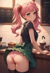 ai_generated barista mayflowers panties pink_hair pink_panties smiling twintails upskirt