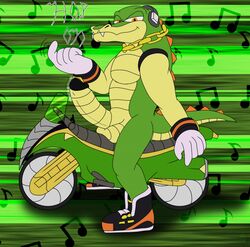 anthro bodily_fluids crocodile crocodilian crocodylid genital_fluids genitals hi_res isamu_yoshi looking_at_viewer male male_only mobian_(species) motorcycle muscular muscular_anthro muscular_male penis precum reptile scalie sega solo sonic_(series) sonic_the_hedgehog_(series) vector_the_crocodile vehicle