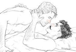 2boys abs almost_kissing artist_signature bara beard_stubble biceps black_and_white blush blush colorless cullen_rutherford dark_hair dorian_pavus dragon_age dragon_age_inquisition duo elmroko facial_hair gay gay_male hands_around_neck holding_partner human light_hair looking_at_another looking_at_partner lying lying_down lying_on_back mage male male/male male_only messy_hair monochrome moustache moustache muscles muscular muscular_male nipples pecs pillow shirtless straight_male stubble video_games yaoi