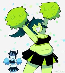 2girls belly_button belly_overhang blue_girl_(dynamicrobo) cheerleader cheerleader_uniform chubby chubby_belly chubby_female chubby_tummy dynamicrobo green_girl jealous pom_poms thighs tummy