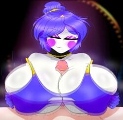 1boy 1girls 4k ballerina ballora ballora_(fnafsl) blue_hair boobjob bouncing_breasts breasts breasts_bigger_than_head closed_eyes eyelashes eyes_closed eyeshadow five_nights_at_freddy's five_nights_at_freddy's:_sister_location five_nights_in_anime giant_breasts gothtrishy highres huge_breasts lipstick lipstick_mark lipstick_on_penis motion_blur motion_lines paizuri pale-skinned_female pale_skin precum robot robot_girl robot_humanoid short_hair squeezing squeezing_breast