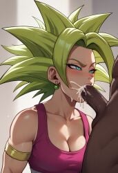 ai_generated artcalypse big_breasts blue_eyes cleavage cum cum_in_mouth dark-skinned_male dragon_ball dragon_ball_super earrings fellatio interracial kefla legendary_super_saiyan muscular muscular_female muscular_male saiyan super_saiyan super_saiyan_2 thiccwithaq_(ai_style)