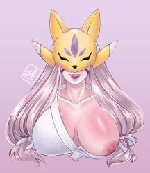 1girls artist_logo big_areola breasts breasts_out bust_portrait commission commission_art commissioner_upload digimon digimon_(species) facepaint fox_mask japanese_clothes kitsune_mask large_breasts lipstick long_hair mask masked masked_female miko miko_outfit nipples one_breast_out palegloss sakuyamon sakuyamon_miko_mode silver_hair smile tagme