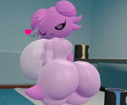 3d 3d_(artwork) :3 ass black_sclera breasts closed_mouth colored_sclera colored_skin female from_behind furry_female heart huge_ass indoors looking_at_viewer looking_back nude one_eye_closed original pink_skin purple_skin skullette_(skulltronprime969) skulltronprime969 smile solo thick_thighs