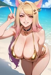 ahri ai_generated beach bikini bombacopta catgirl huge_breasts k/da_all_out_ahri k/da_all_out_series k/da_series league_of_legends peace_sign riot_games smile sweat