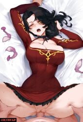 ai_clothes ai_generated ai_hands cinder_fall clothed_female_nude_male condoms csr_fan_621 female female_focus fully_clothed large_breasts missionary missionary_position missionary_sex on_bed pov pov_male rwby self_upload tagme used_condoms