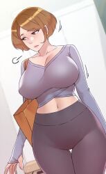 all_about_my_best_friend aunt_sujeong bag blunt_ends breasts brown_eyes brown_hair closed_mouth crop_top curvy female hip_focus impossible_clothes impossible_shirt large_breasts leggings lips lipstick long_sleeves looking_to_the_side makeup manhwa narrow_waist navel non-web_source official_art pants pink_lips pornhwa shirt short_hair solo_focus sports_bra sportswear swept_bangs tharchog_(artist) thick_eyebrows thick_thighs thighs tote_bag upper_body webtoon wide_hips yellow_bag yoga_pants