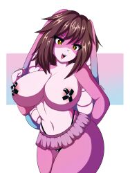 2024 3:4 absurd_res anthro aquakey big_breasts blush bodily_fluids breasts canid canine clothed clothing digital_media_(artwork) female fox hair hi_res lagomorph leporid looking_at_viewer mammal open_mouth pink_body rabbit simple_background smile solo