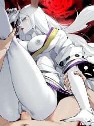 1boy arm_grab black_nails breasts breasts_out colored_nipples colored_skin commentary_request female fingernails grey_nipples horns hua_zhong_yu japanese_clothes kimono large_breasts leg_grab long_fingernails long_hair naruto naruto_(series) nipples otsutsuki_kaguya penis pov pov_crotch pov_hands pussy red_lips rinne_sharingan sex sharp_fingernails short_eyebrows straight vaginal_penetration very_long_hair white_hair white_kimono white_skin