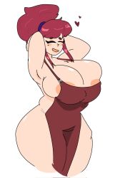 1girls apron big_breasts breasts breasts_bigger_than_head chubby chubby_female closed_eyes droopysweater errorplush female nipple_slip nipples_visible_through_clothing nude red_hair tagme takaidraws wide_hips