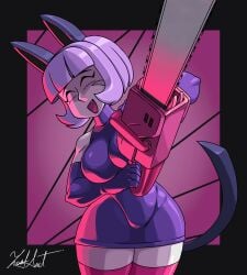 breasts cat_ears cat_tail catgirl chainsaw curvy curvy_figure nadia_fortune skullgirls smile thick_thighs thighs violet_hair zeusart