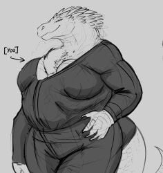 1boy 1girls anthro anthro_penetrated between_breasts big_breasts doctordj huge_breasts human human_on_anthro human_penetrating inside_clothing larger_female scalie smaller_male