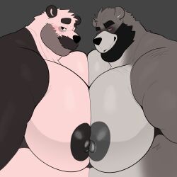 2boys anthro bara_tiddies bara_tits bear bear_ears big_breasts big_nipples black_nipples blush breasts_touching facial furry gay grey_fur grey_nipples grey_skin gruff_(milkblend) hairy_male humanoid kemono large_breasts large_pectorals looking_at_viewer male male/male male_anthro male_breasts male_only man_boobs manboobs mature mature_anthro mature_male milkblend muscular muscular_anthro muscular_male nipples_touching original_characters panda pink_fur pink_skin pom_(milkblend) pressed_together red_eyes