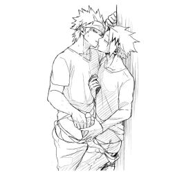 2boys against_wall arm_above_head arm_up black_and_white bottomwear cellphone clothed clothed_male clothes clothing denki_kaminari duo duo_focus eijirou_kirishima face-to-face feet_out_of_frame frottage gay genitals hair half-closed_eyes hand_on_penis handjob headband holding_object holding_phone holding_smartphone imminent_kiss legwear low_res lowres male male/male male_focus male_only masturbation medium_penis monochrome mostly_clothed my_hero_academia nightlykrumbs one_arm_up pants pants_down penile penile_masturbation penis penis_grab penis_out phone shirt shirt_lift shirt_up short_hair side_view smartphone source_request spiky_hair standing sweat sweatdrop t-shirt topwear underwear underwear_down yaoi