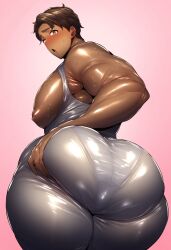 1boy ai_generated areola ass_focus ass_grab bara_tits big_ass blush clothing ctst4r dark-skinned_male dark_skin embarrassed fat_ass flustered high_resolution highres hires huge_ass large_pectorals looking_at_viewer looking_back male male_focus male_only nervous nipples pleasure saliva shiny_skin short_hair smooth_skin solo solo_male thick_thighs tongue tongue_out translucent_clothing voluptuous voluptuous_male wet_clothes wet_clothing wide_hips