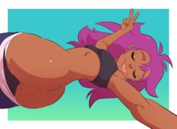 1girls ass ass_focus big_ass big_butt butt_focus closed_eyes dark-skinned_female dark_skin enid eyes_closed fat_ass female large_ass messy_hair no_panties ok_k.o.!_let's_be_heroes okaylevy pajamas partially_clothed peace_sign purple_hair selfie small_breasts tongue_out