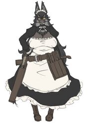 1girls chest_tuft dark-skinned_female dark_skin female female_only fur glasses huge_breasts jon_henry_nam maid namu_gunsou pubic_hair sagging_breasts sharp_teeth solo thick_eyebrows wolf wolf_ears wolf_girl wolf_tail