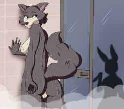 anthro anus ass bathing beastars bedroom_eyes breasts canid canine canis doggyshel duo female flirting_look fur genitals glancing_back haru_(beastars) hi_res imminent_death juno_(beastars) knife lagomorph leporid mammal mistaken_identity narrowed_eyes nude presenting presenting_anus psycho_(movie) pussy rabbit seductive shower silhouette smile smirk steam tail unaware wet wet_body wet_fur wolf