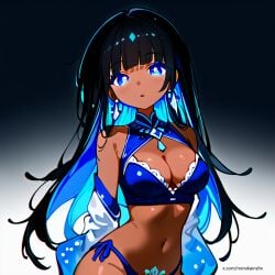 ai_generated blue_thong cleavage female glowing_eyes glowing_hair laced_corset long_hair minokai multicolored_hair original_character thong