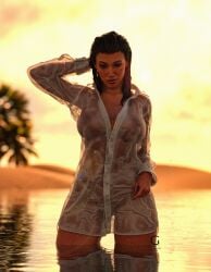 3d asian asian_female beach big_ass big_breasts giorgio_rendering gr_studio li_mei looking_at_viewer milf mortal_kombat mortal_kombat_1_(2023) netherrealm_studios see-through_clothing sunset water wet_body wet_clothes wet_hair wet_skin white_shirt