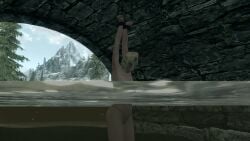 1girls 3d arms_above_head bondage bound_wrists dirkjag grey_panties mod panties shackles skyrim topless topless_female