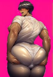 1boy ai_generated areola ass_grab big_ass blush clothing ctst4r dark-skinned_male dark_skin embarrassed flustered high_resolution highres hires huge_ass large_pectorals looking_at_viewer male male_focus male_only nervous nipples pleasure saliva shiny_skin short_hair smooth_skin solo solo_male thick_thighs tongue tongue_out translucent_clothing wet_clothes wet_clothing wide_hips