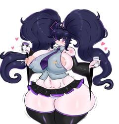 1girls areola_slip areolae black_hair blush breasts female female_only goth hatsune_miku_(cosplay) heart hex_maniac holding_cup holding_glass huge_breasts lactation microskirt milk nintendo nipple_slip nipples pleated_skirt pokemon pokemon_xy purple_eyes sath15 shimapan short_skirt skirt smile solo solo_female tattoo thick_thighs thighhighs tie tied_hair twintails voluptuous wide_hips