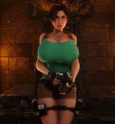 1girls 3d 3d_(artwork) alternate_breast_size booty_shorts breasts breasts_bigger_than_head brown_eyes brown_hair camera cleavage clothed clothed_female enormous_breasts female female_only female_solo fingerless_gloves gigantic_breasts gloves holding_camera holding_object hourglass_figure huge_breasts human human_female human_only human_solo lara_croft lara_croft_(classic) looking_at_viewer massive_breasts ponytail short_shorts shorts slim_waist small_waist solo solo_female thick_thighs thighs thin_waist tomb_raider top_heavy upper_body vaako