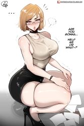 1girls aged_up almualim ass breasts brown_eyes brown_hair dat_ass dialogue english_text female glasses heels hi_res high_heels huge_ass huge_breasts jujutsu_kaisen kugisaki_nobara light-skinned_female light_skin naughty_face office_lady pencil_skirt shoes short_hair short_skirt skirt sleeveless squatting thick_thighs