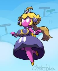 alternate_breast_size alternate_species anthro bob-omb chabble crown dress fuse large_breasts legs low-angle_view mario_(series) no_mouth no_pupils post_transformation princess princess_peach simple_background super_mario_bros. thick_thighs underboob white_eyes wind_up yellow_hair