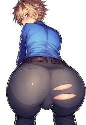 1boy ai_generated ass ass_focus back belt big_ass blue_shirt blush brown_belt bulge ctst4r eyebrows_visible_through_hair femboy grey_pants hair_between_eyes hi_res high_resolution highres looking_at_viewer looking_back male male_focus male_only open_mouth pants shirt solo solo_male squatting torn_clothes torn_clothing torn_pants