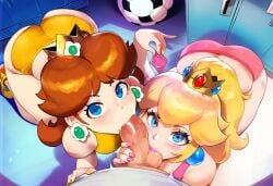 1boy 1girls 2girls ai_generated ass ball_sucking collaborative_fellatio fellatio handjob light-skinned_female light-skinned_male light_skin locker_room mario_(series) mario_strikers nintendo oral oral_sex orange_shorts partial_male penis pink_shorts pov princess_daisy princess_peach shorts soccer_ball sportswear super_mario_bros. teamwork tittyg-ai