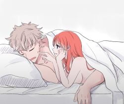 1boy 1girls aged_up blue_eyes blush completely_nude female gintama gintoki_sakata ginyuu hair_down in_bed kagura_(gintama) long_hair male nude on_bed on_stomach orange_hair pale-skinned_female pale_skin sideboob sleeping smile