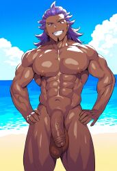 ai_generated balls beach cock confident ctst4r dark-skinned_male dark_skin high_resolution highres leon_(pokemon) long_hair male male_focus male_only muscles muscular muscular_male nipples pecs pectorals penis purple_hair smirk solo solo_male testicles