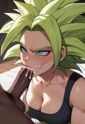 ai_generated artcalypse blue_eyes cleavage cum cum_in_mouth dark-skinned_male dragon_ball dragon_ball_super fellatio huge_breasts interracial kefla legendary_super_saiyan lipstick super_saiyan super_saiyan_2 thiccwithaq_(ai_style)
