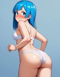 1girls ai_generated ass ass_focus blue_eyes blue_hair blush bra embarrassed from_behind jujutsu_kaisen kasumi_miwa kslgsnb long_hair medium_breasts panties underwear white_bra white_panties white_underwear yodayo