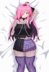 1girls blush blush_lines chains choker dakimakura dakimakura_(medium) dakimakura_design dakimakura_pose fishnet_pantyhose fishnets front_view gigantic_breasts goth_girl latam_virtual_youtuber light-skinned_female long_hair lying neneefthy orange_eyes pink_hair purple_hair socks thick_thighs two_tone_hair virtual_youtuber voluptuous_female vtuber vtuberfanart