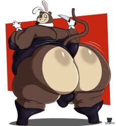 2024 absurd_res anthro artist_name ass big_butt big_moobs black_boots black_bow_tie black_clothing black_footwear black_leotard black_sclera black_shoes boots bow_tie brown_body brown_ears brown_fur brown_tail bulge clothing digital_media_(artwork) fake_ears fake_rabbit_ears footwear fur gloves handwear haplorhine heterochromia hi_res holding_knife holding_melee_weapon holding_object holding_weapon huge_butt hyper hyper_butt knife leotard looking_at_viewer looking_back male mammal max_(max_design_pro) max_design_pro melee_weapon monkey moobs multicolored_body multicolored_fur obese obese_anthro obese_male overweight overweight_anthro overweight_male primate red_eyes shirt_cuffs shoes smile solo standing tail teeth thick_thighs toastyboi two_tone_body two_tone_fur weapon white_clothing white_eyes white_gloves white_handwear