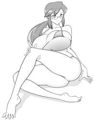 1girls alternate_breast_size arm_support artist_request ass barefoot bikini blush breasts elite_four feet female female_only fingernails glasses hair_tie huge_breasts lorelei_(pokemon) lorelei_(pokemon_frlg) monochrome nintendo pokemon pokemon_frlg pokemon_rgby ponytail sitting smile solo solo_female source_request tied_hair toenails