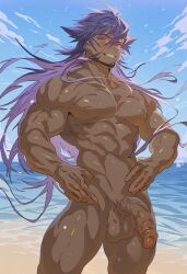 ai_generated balls beach cock confident ctst4r dark-skinned_male dark_skin game_freak high_resolution highres leon_(pokemon) long_hair male male_focus male_only muscles muscular muscular_male nintendo nipples pecs pectorals penis pokemon pokemon_ss purple_hair smirk solo solo_male testicles