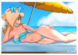 1girls beach_umbrella blonde_hair blue_eyes breasts looking_at_viewer mario_(series) on_side princess_rosalina solo_female solo_focus sunglasses sunglasses_on_head swimsuit ty_wilgs