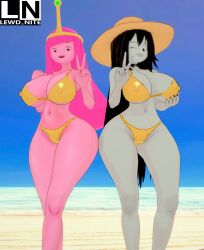 2girls adventure_time beach big_breasts bikini black_hair blue_sky bonnibel_bubblegum cartoon_network curvy_female female female_only golden_bikini golden_bikini_bottom golden_bikini_top hat large_breasts lewd_nite long_hair looking_at_viewer marceline marceline_abadeer marceline_the_vampire_queen multiple_girls nail_polish navel one_eye_closed peace_sign pink_body pink_hair pinup princess_bubblegum sky smile smiling_at_viewer standing summer sun_hat swimsuit swimwear thick_thighs thighs tiara trendy_bikini v v_sign voluptuous