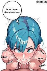 ai_generated big_breasts big_penis blowjob blowjob_face blue_eyes blue_hair blush breast_press breasts bulma_briefs collarbone cum cum_in_mouth cumshot cute deepthroat dominant_male domination dragon_ball dragon_ball_super dragon_ball_z english_text erotix96 excessive_cum fellatio female hair_between_eyes huge_breasts huge_cock looking_at_viewer male milf mother nude nude_female pov rough_sex sagging_breasts short_hair simple_background son_goku sound_effects speech_bubble surprised thick_thighs voluptuous voluptuous_female white_background