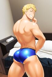 1boy ai_generated ass big_ass boxer_briefs ctst4r high_resolution highres hires inviting looking_back_at_viewer male male_focus male_only shiny_skin short_blonde_hair smooth_skin smug_expression smug_grun solo solo_male thick_legs thick_thighs underwear wide_hips