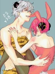 1boy 1girls blush bun_cover bunny_ears bunny_girl bunnysuit chinese_zodiac double_bun female fully_clothed gintama gintoki_sakata kagura_(gintama) male meguzm official_alternate_hairstyle pink_hair playboy_bunny red_hair sitting_on_lap sitting_on_person small_breasts smile tiger_boy tiger_ears tiger_print